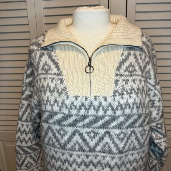 AERIE OVERSIZED FAIR ISLE WOOL BLEND QUARTER ZIP COZY SWEATER - Picture 1 of 9
